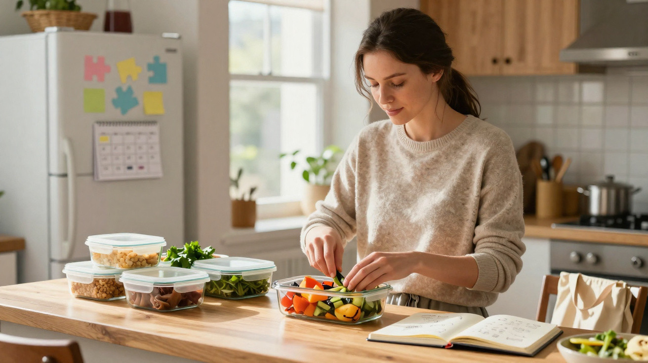 Mulher prepara salada na cozinha, com vários recipientes de alimentos à sua frente e um caderno aberto na mesa.
