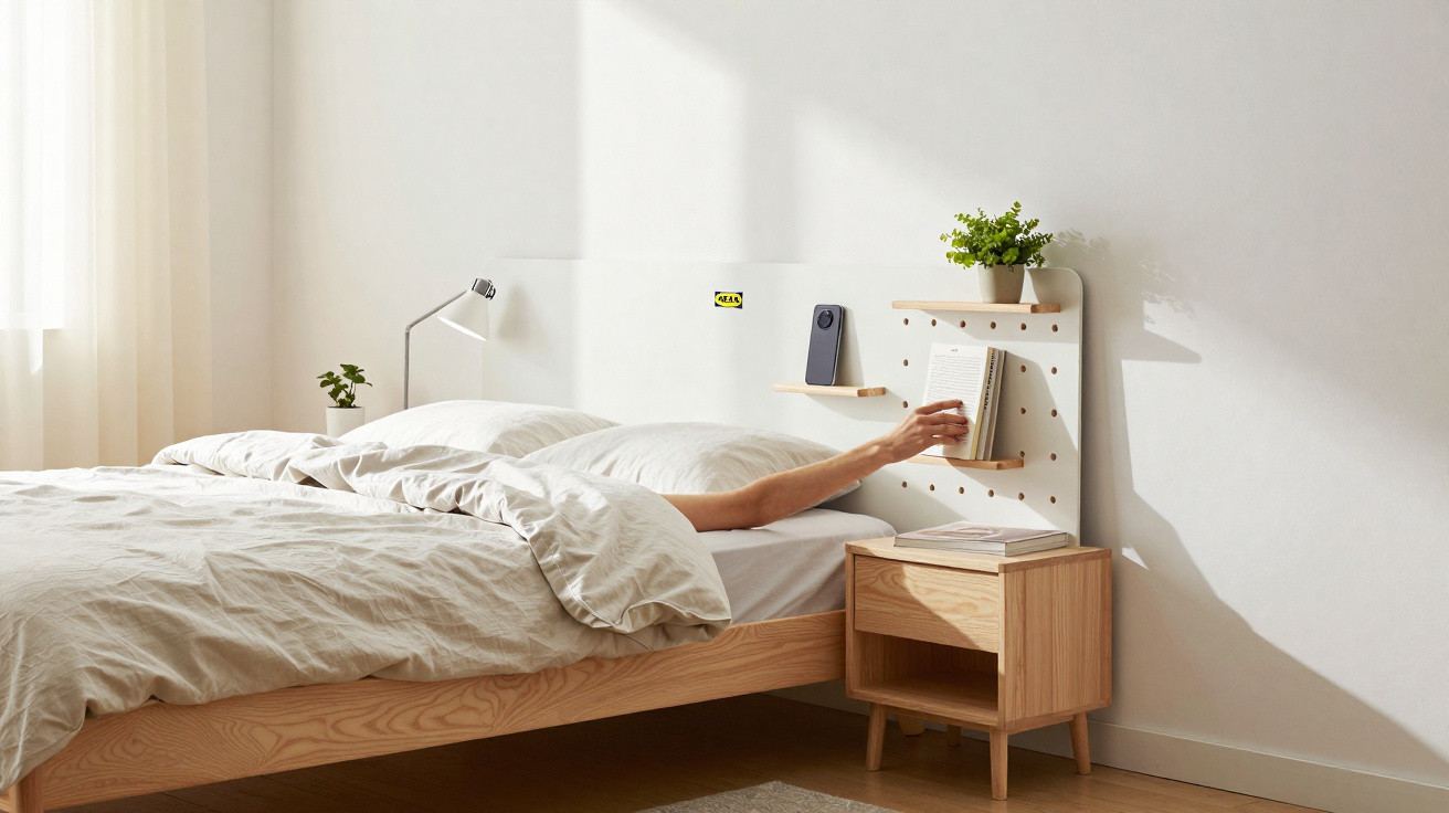 Quarto minimalista com cama de madeira, criado-mudo, planta, e braço a alcançar livro na prateleira.