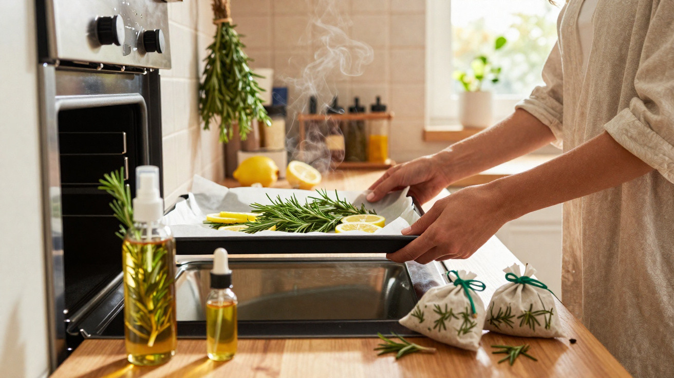 Pessoa a colocar tabuleiro com alecrim e limão num forno quente numa cozinha iluminada.