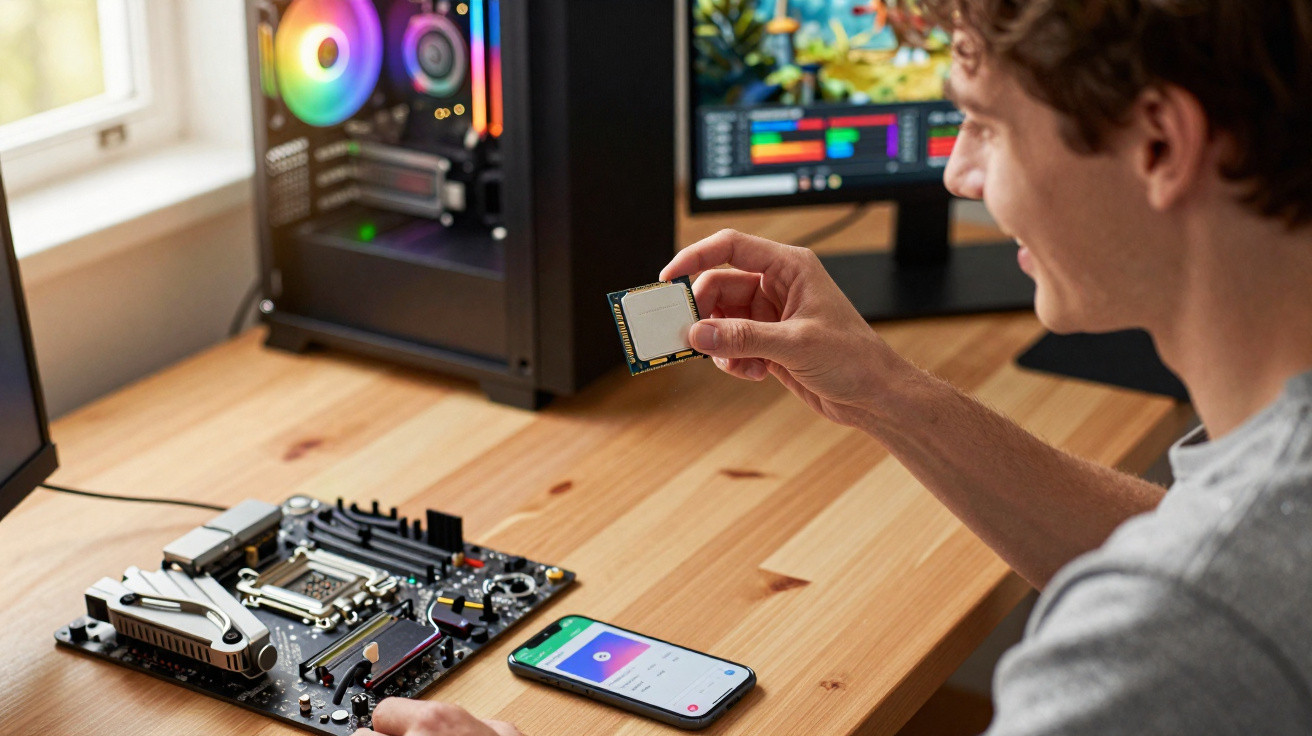 Jovem a montar um computador, segurando um processador com placa-mãe e telemóvel numa mesa de madeira.