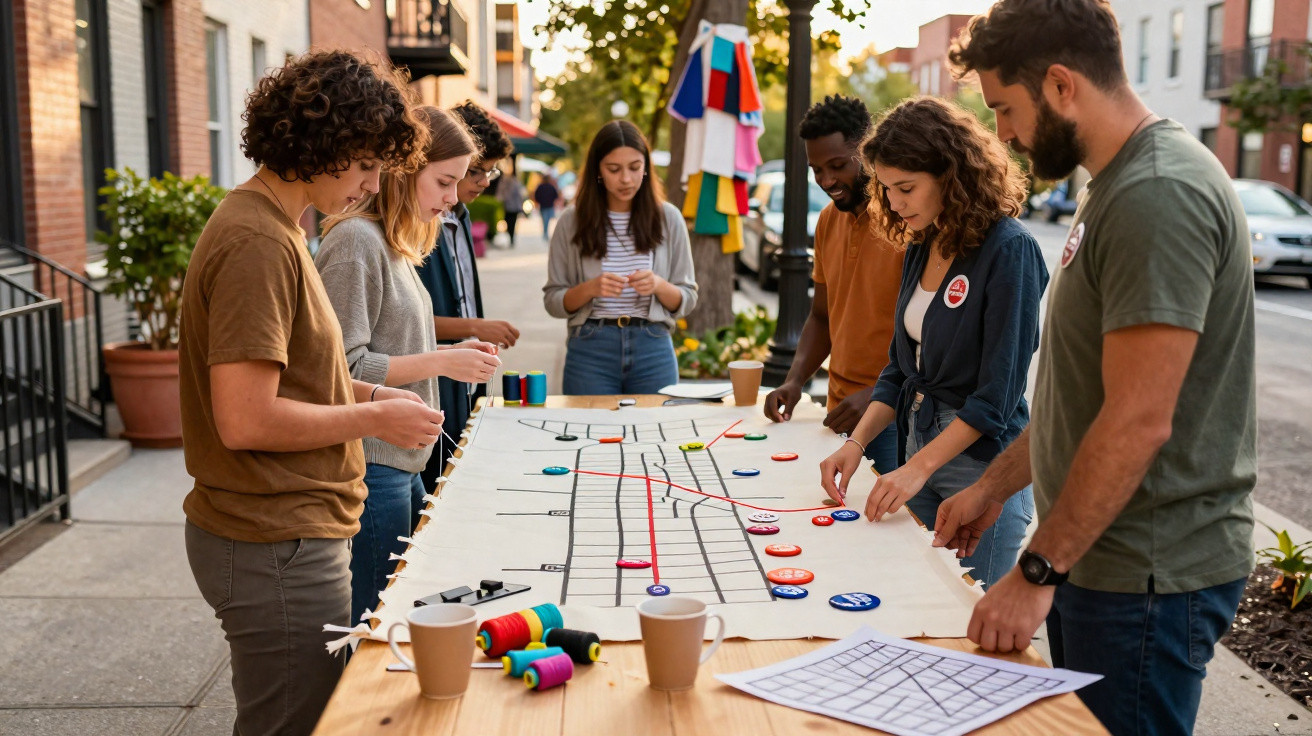 Grupo de seis jovens a jogar jogo de tabuleiro gigante numa mesa ao ar livre numa rua urbana.