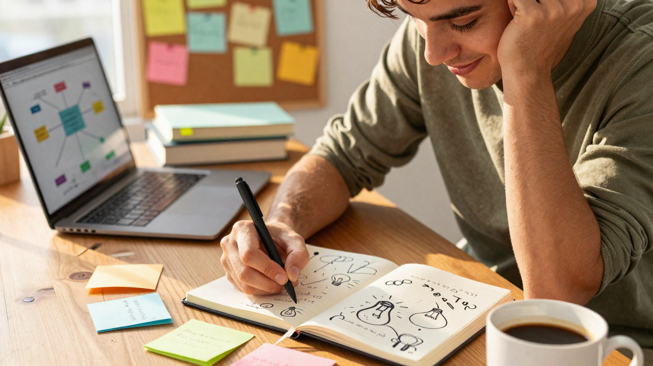 Pessoa jovem a desenhar ideias em caderno com caneta, laptop aberto e chávena de café numa secretária.