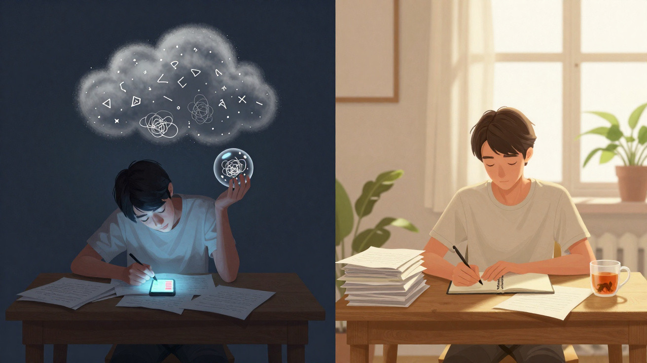 Ilustração dividida mostra jovem confuso a estudar e jovem focado a escrever num ambiente iluminado e organizado.