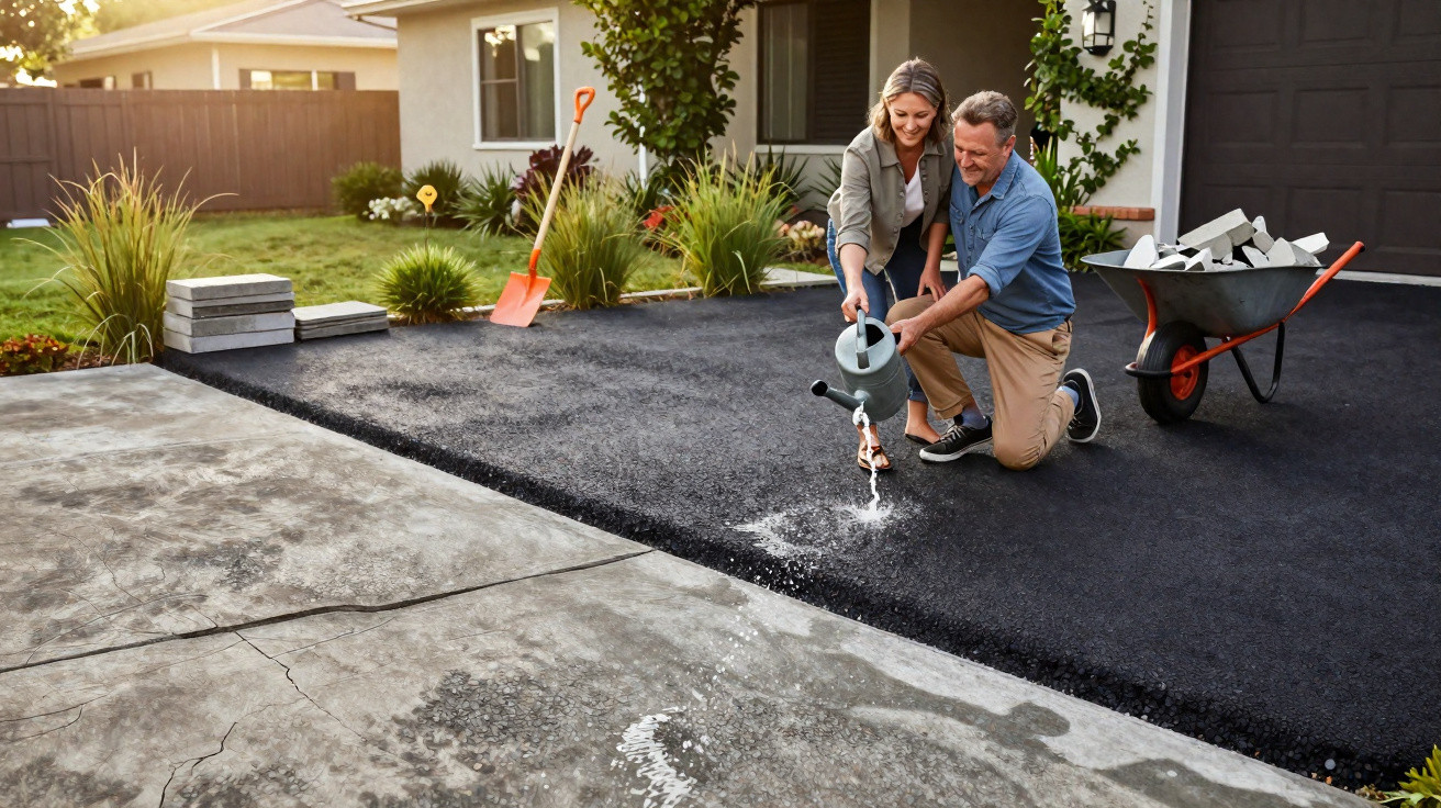 Casal regando plantas na entrada de casa com carrinho de mão e ferramentas de jardim ao fundo.