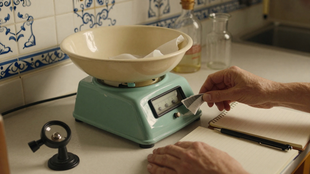 Pessoa a pesar ingredientes numa balança antiga verde numa cozinha com azulejos tradicionais.