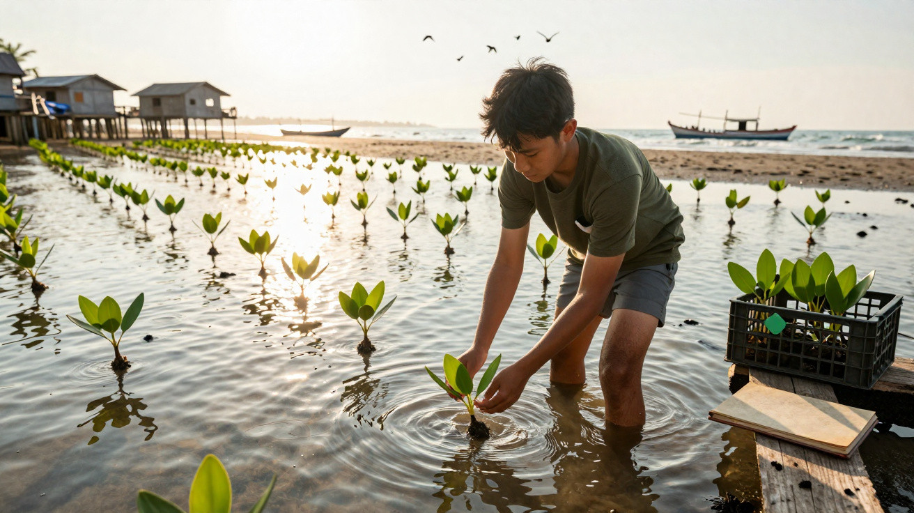 Jovem planta árvores de mangue em águas rasas perto da costa com várias mudas e barcos ao fundo.