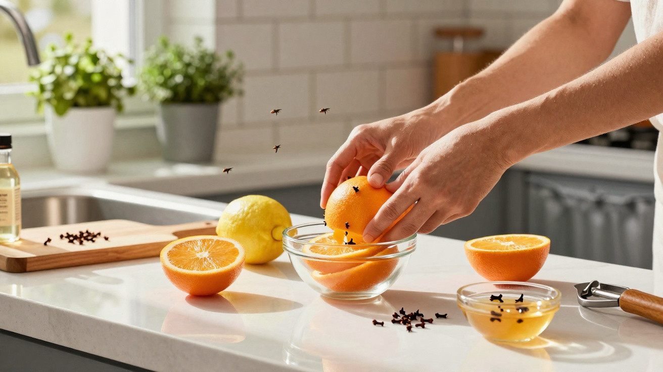 Mãos a espremer uma laranja num recipiente de vidro, com limão, mel e cravinho na bancada da cozinha.