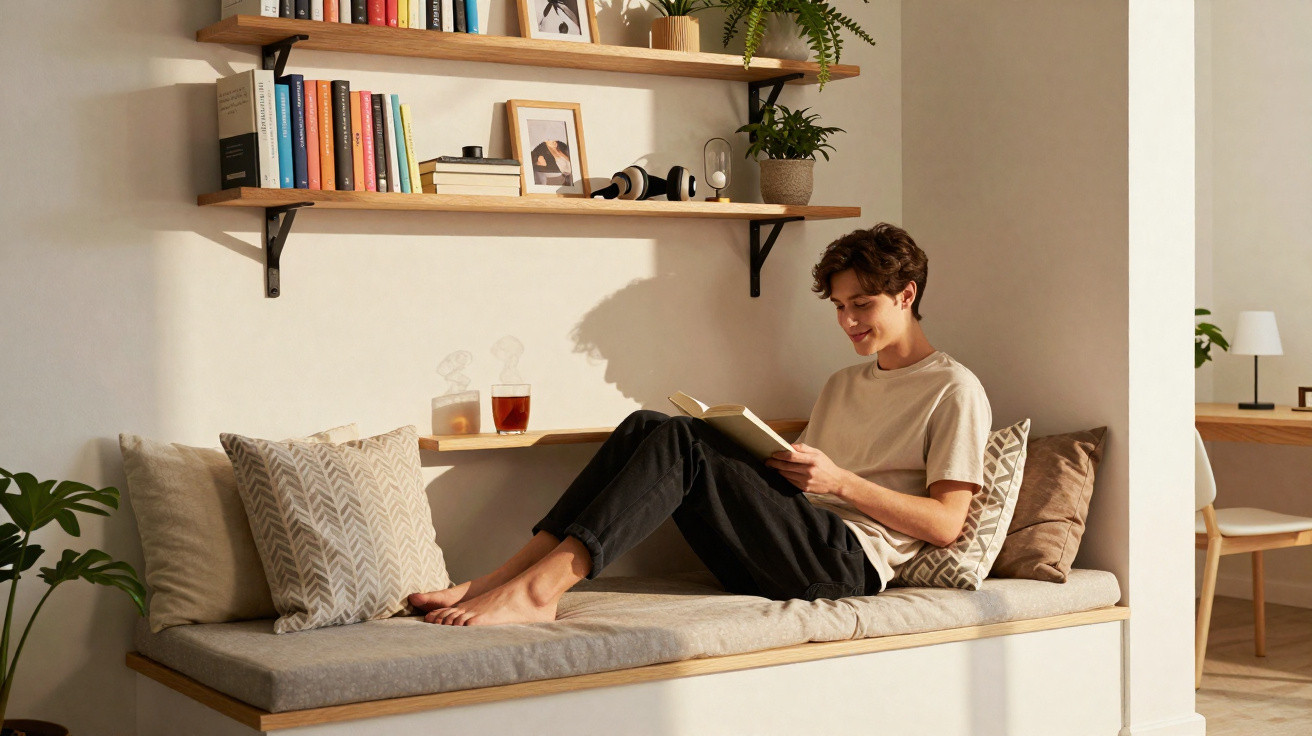 Jovem sentado numa área de leitura acolhedora, a ler um livro, rodeado de almofadas e prateleiras com livros.