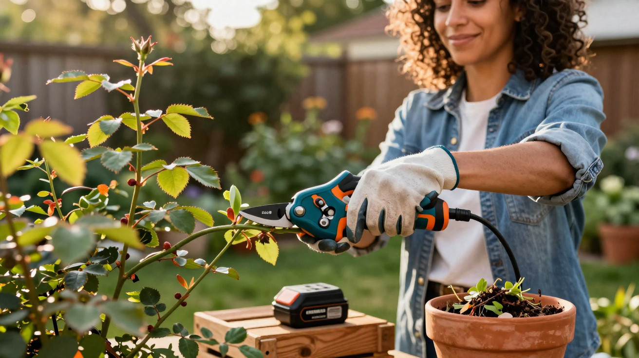 Mulher a podar um ramo de roseira num jardim, com tesoura elétrica e luvas de proteção.