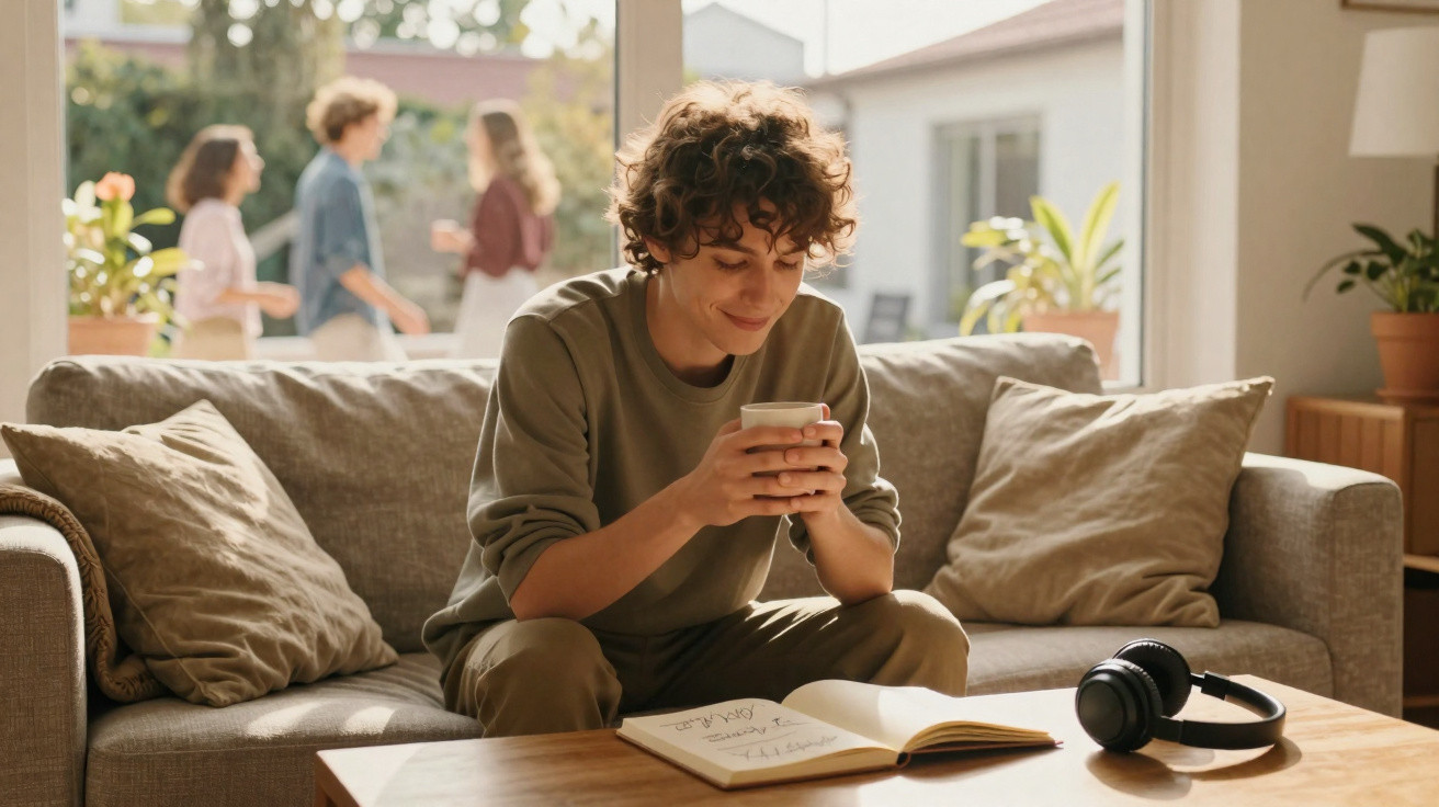 Jovem sentado no sofá a segurar uma chávena, com caderno aberto e auscultadores na mesa, pessoas ao fundo.