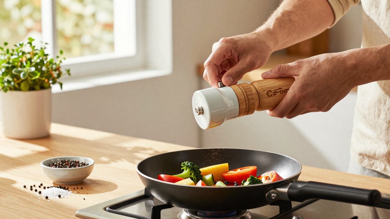 Pessoa a temperar legumes numa frigideira com um moinho de pimenta numa cozinha iluminada.
