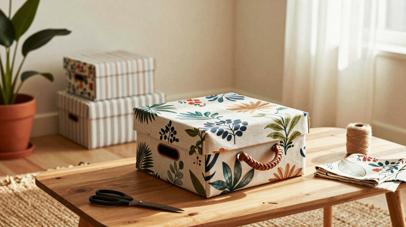 Caixa decorativa de tecido com padrão floral sobre mesa de madeira numa sala iluminada.