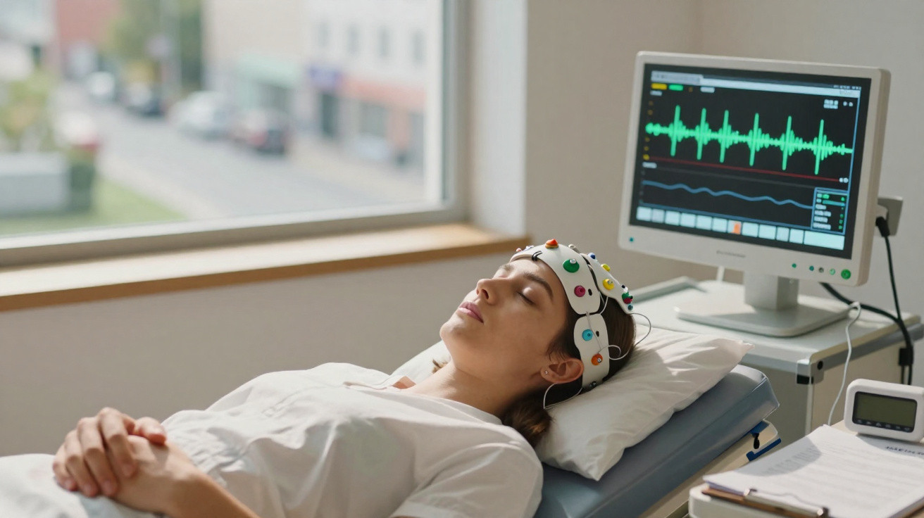 Mulher deitada com electroencefalograma ligado na cabeça e monitorização cerebral ao lado numa clínica.