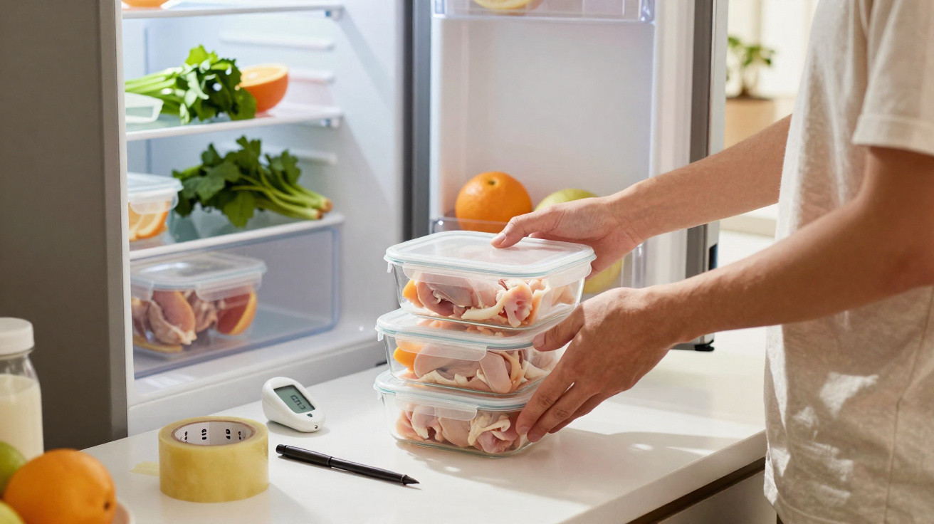 Pessoa a guardar recipientes de plástico com carne dentro do frigorífico numa cozinha moderna.