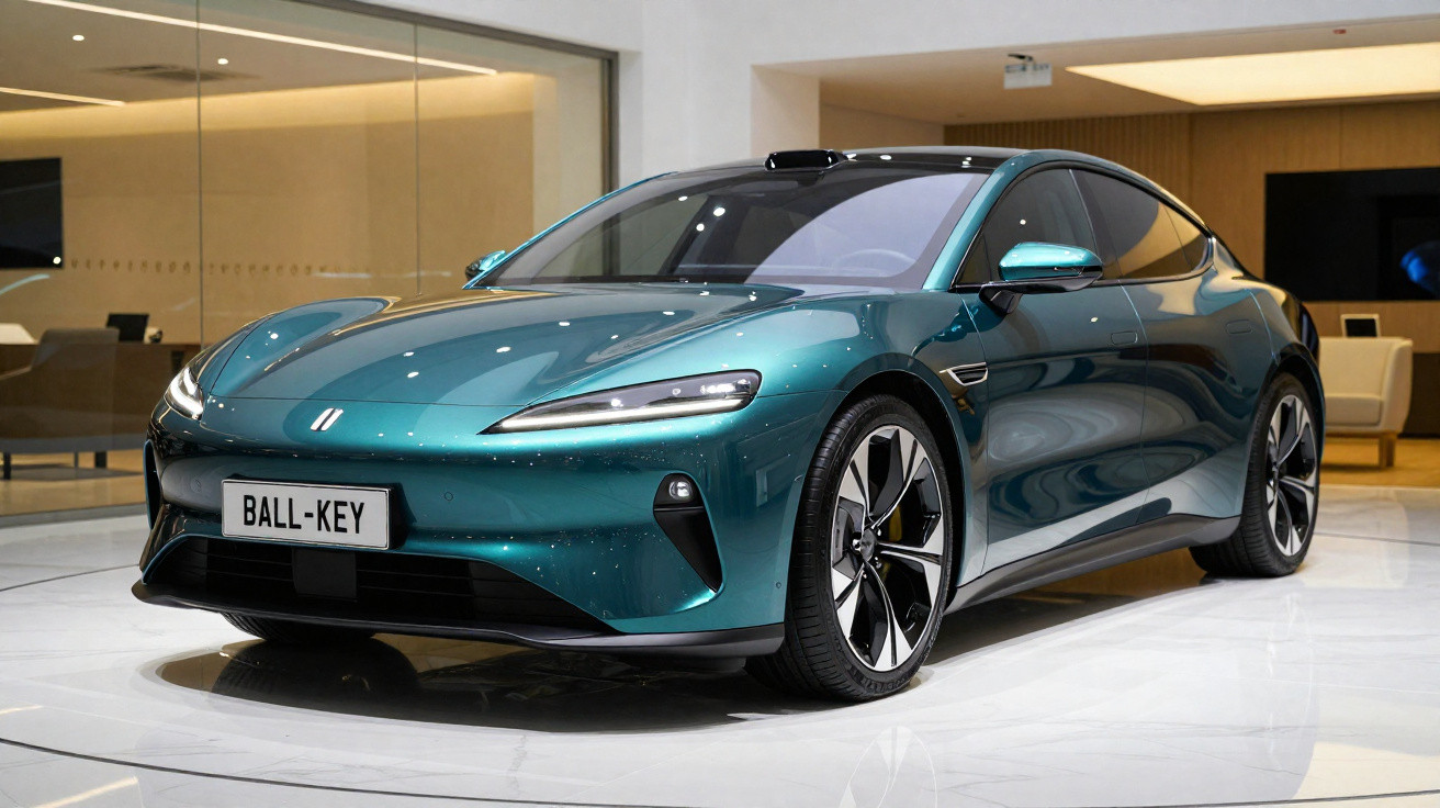 Carro desportivo eléctrico verde em exposição numa sala moderna com chão branco e iluminação interior.