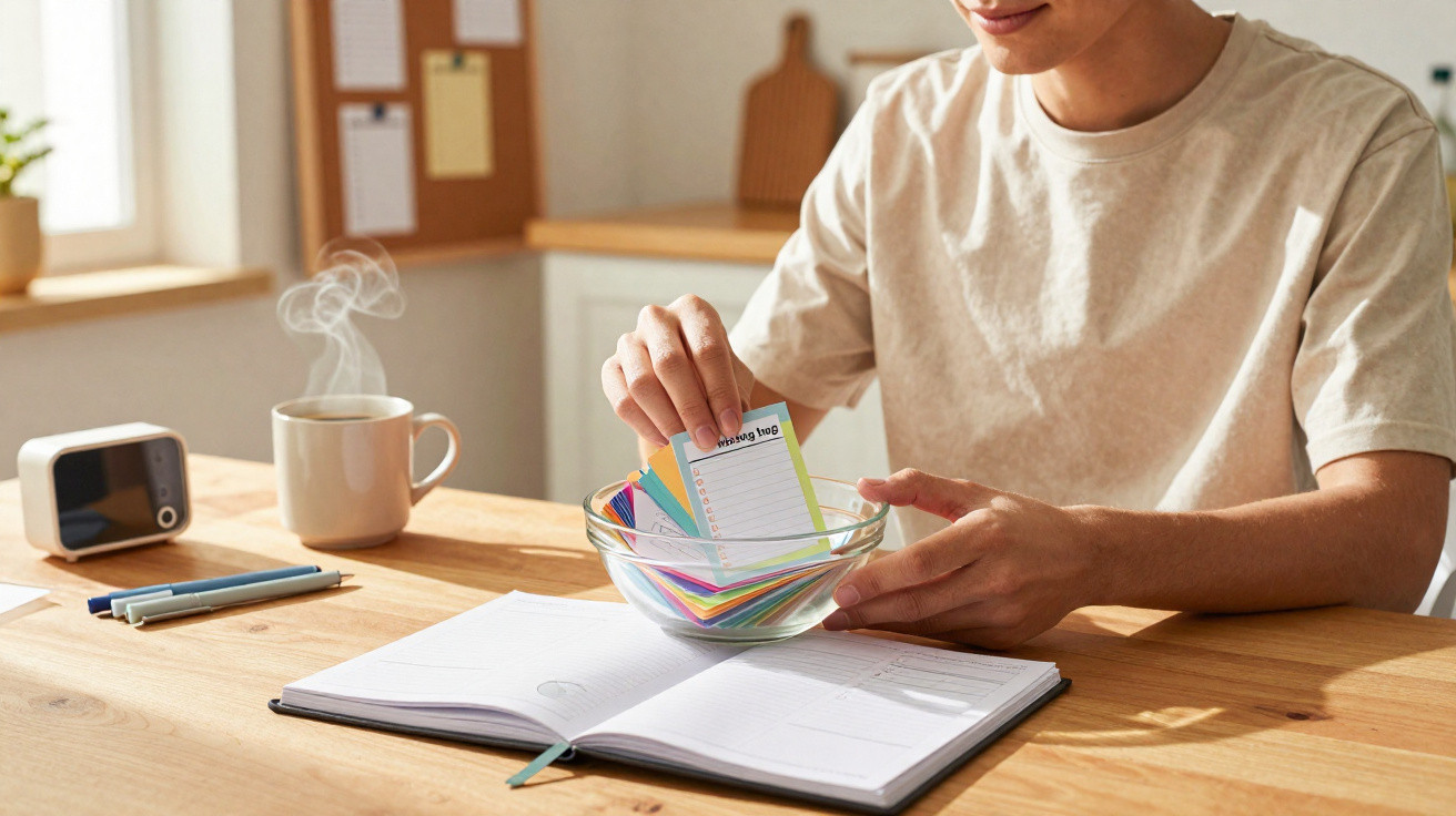 Pessoa a escolher um cartão colorido num recipiente, com agenda aberta e chá quente numa mesa de madeira.