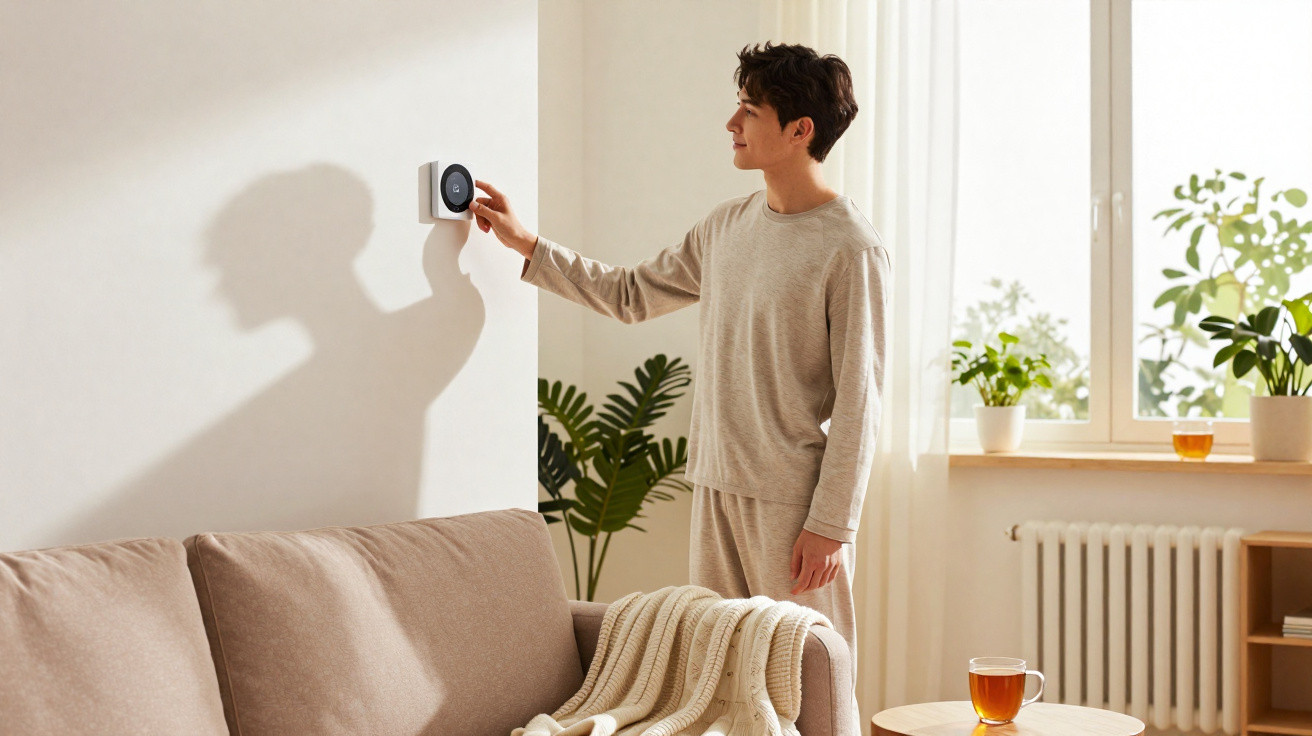 Homem ajusta termóstato digital numa sala luz natural com sofá, manta e plantas junto à janela.