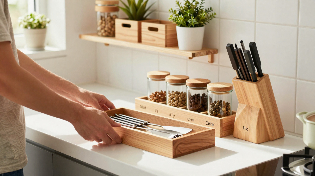 Pessoa a organizar talheres numa caixa de madeira numa cozinha moderna com frascos de especiarias e facas.