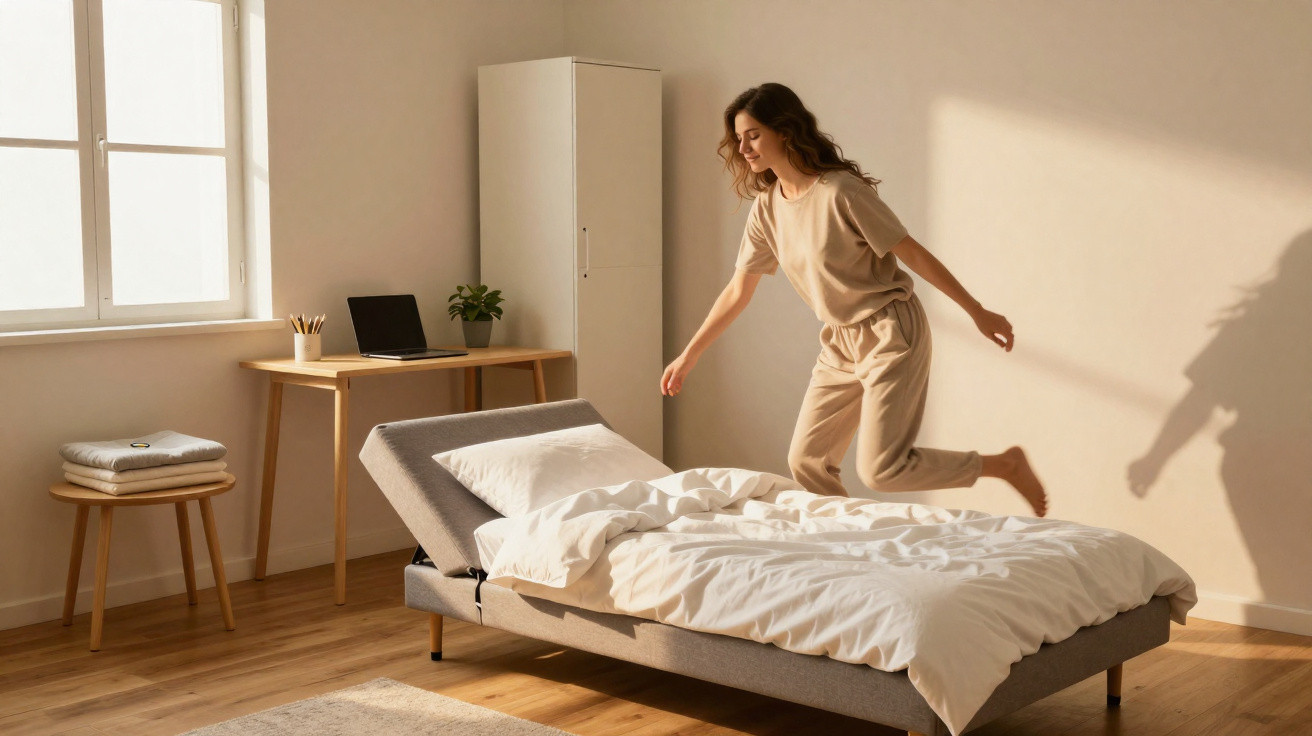 Mulher feliz a saltar para cima de uma cama em quarto luminoso e minimalista durante o dia.