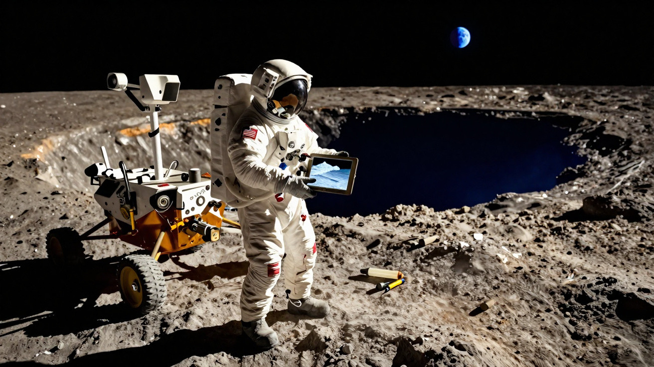 Astronauta na superfície lunar com tablet, veículo exploratório e Terra visível no céu negro.