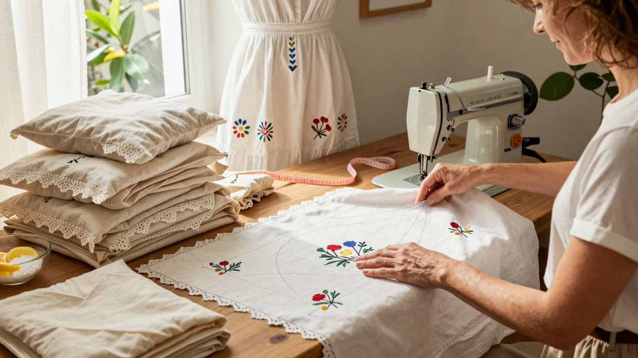 Pessoa borda tecido branco com flores coloridas numa mesa com máquina de costura e mantas dobradas.
