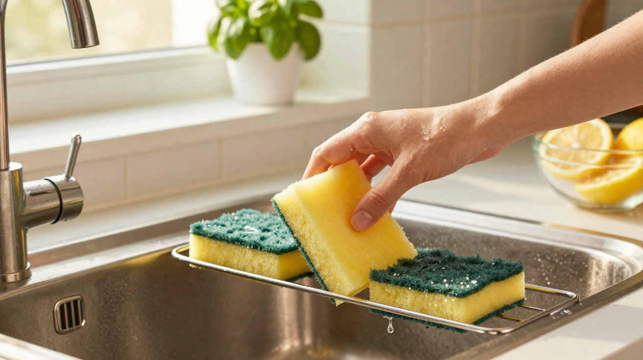 Mão a pegar uma esponja amarela com lado verde junto a um escorredor sobre a pia da cozinha.