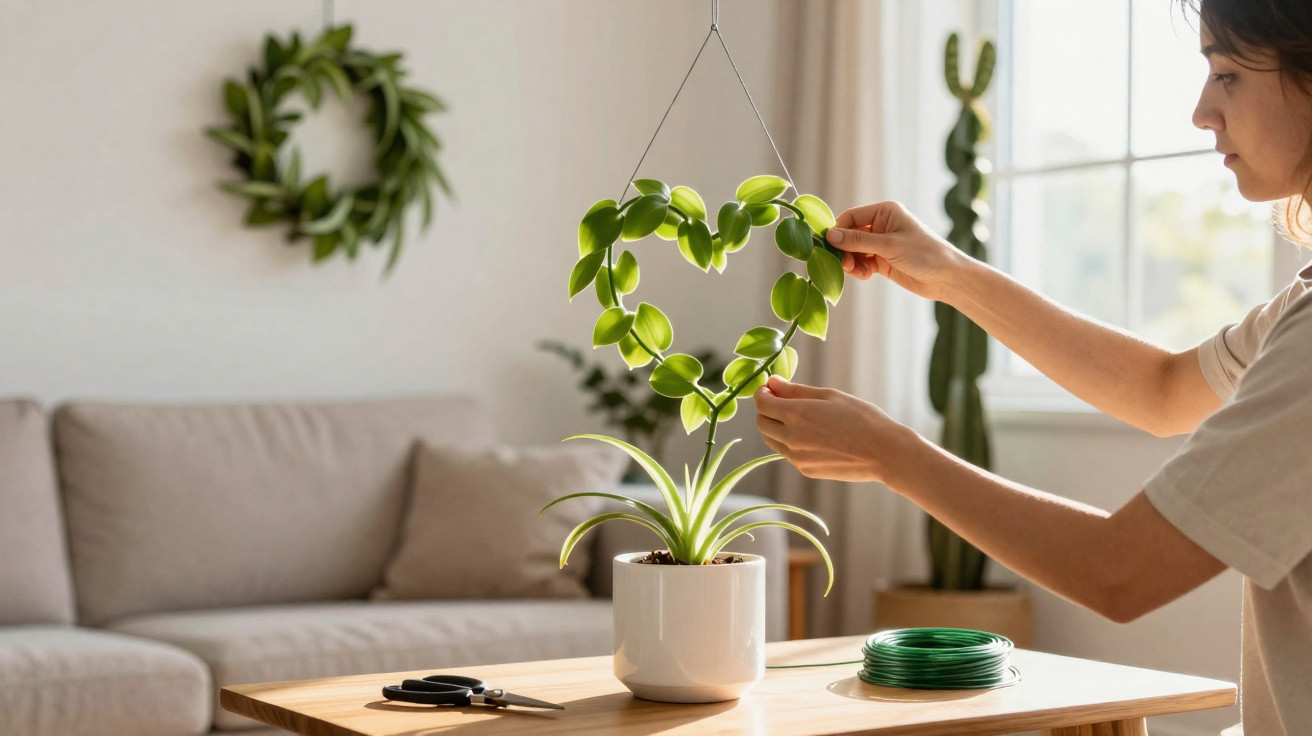 Pessoa a moldar planta em forma de coração num vaso branco numa sala iluminada.