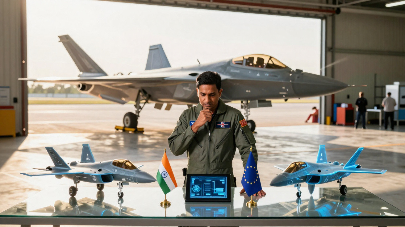 Piloto militar indiano a analisar dados com modelos de aeronaves e bandeiras da Índia e União Europeia.