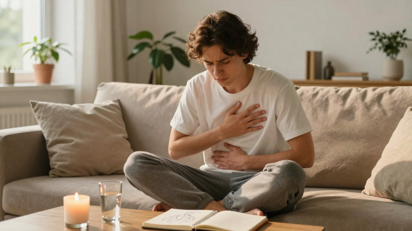Jovem sentado no sofá com expressão de dor, segurando o peito e a barriga, perto de caderno, vela e copo.