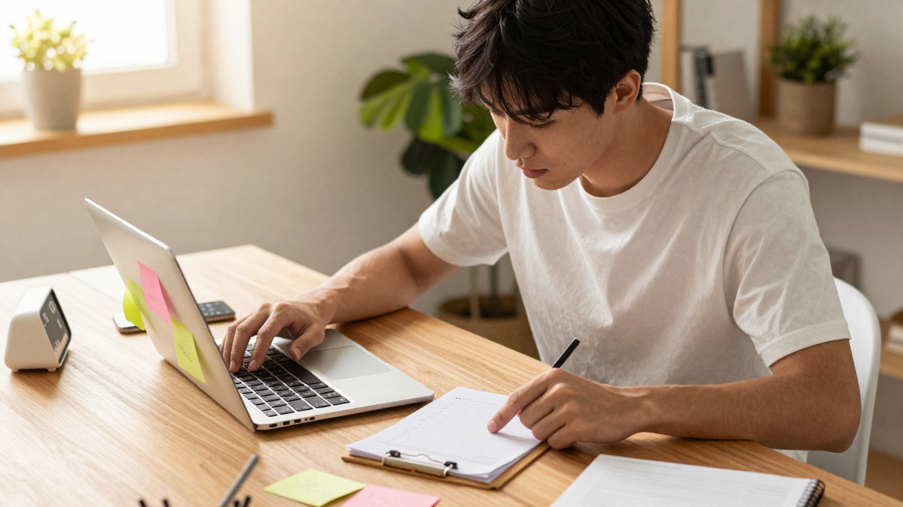 Jovem a estudar em casa, a utilizar computador portátil e a escrever em bloco de notas num ambiente iluminado.