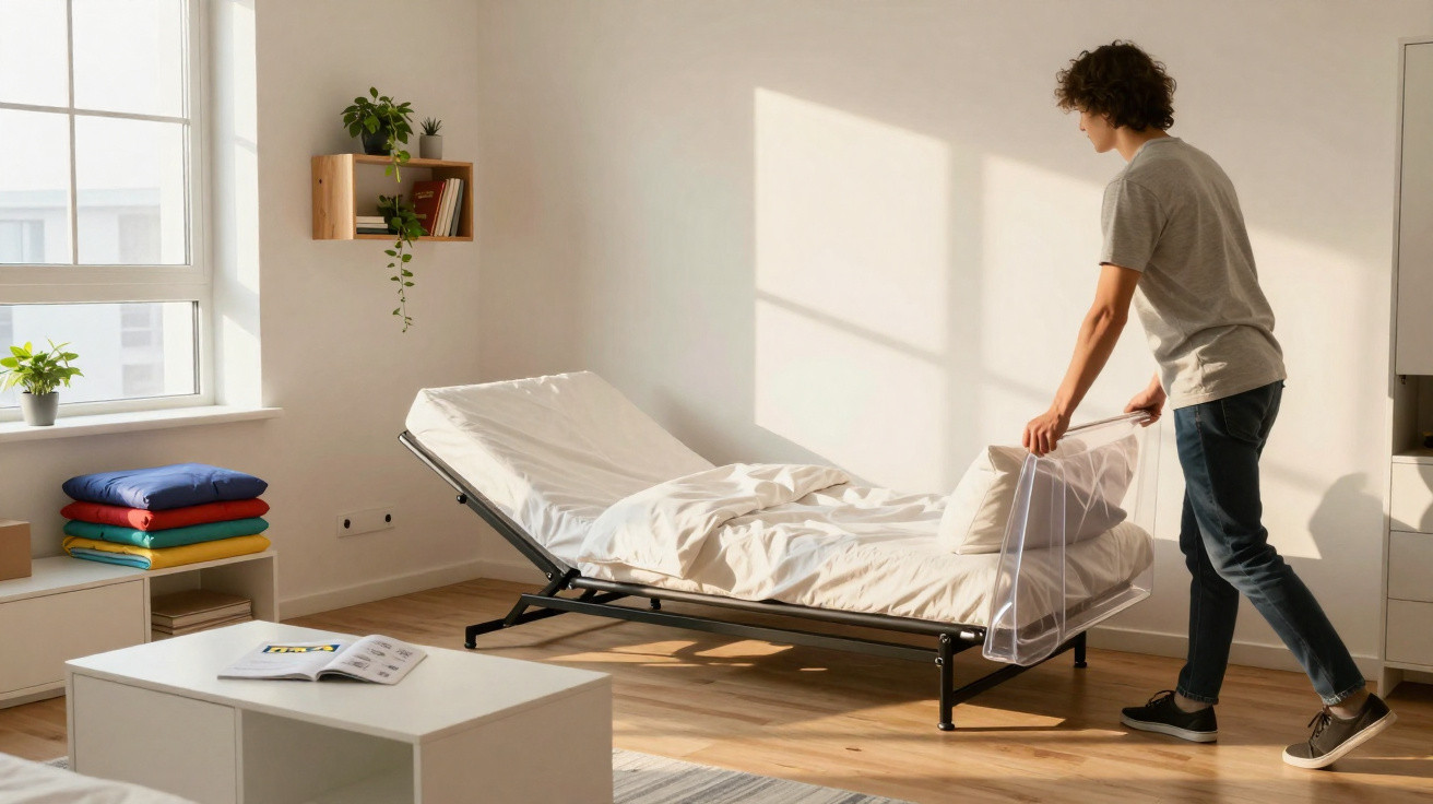 Jovem a arrumar cama articulada com roupa branca em quarto iluminado pela luz solar natural.