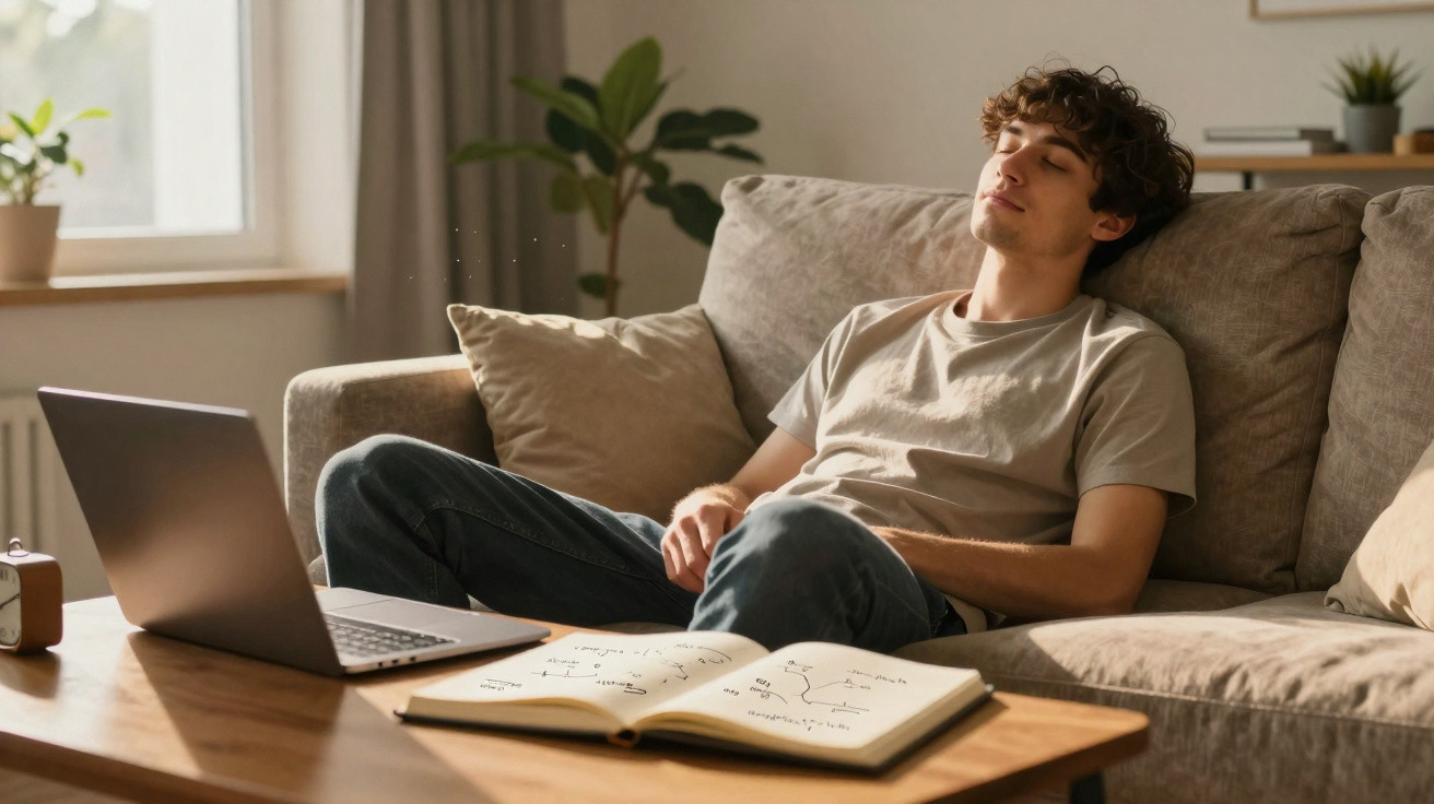 Jovem sentado no sofá a descansar com olhos fechados, ao lado de computador e livro aberto numa mesa de madeira.