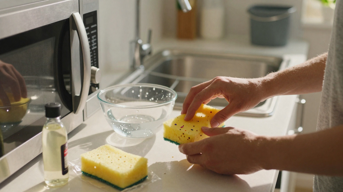 Mãos a segurar uma esponja amarela para limpar bancada de cozinha com lava-loiça e micro-ondas ao fundo.