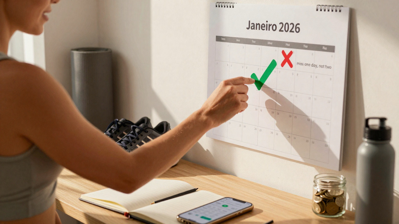 Mulher marca um visto verde no calendário de janeiro de 2026 num ambiente de trabalho ou estudo.
