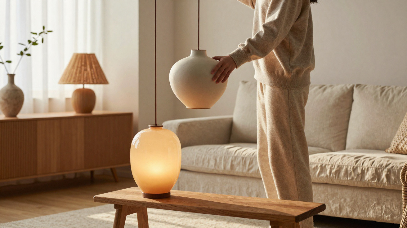 Pessoa a ajustar luminária suspensa numa sala de estar com sofá e móveis de madeira clarados.