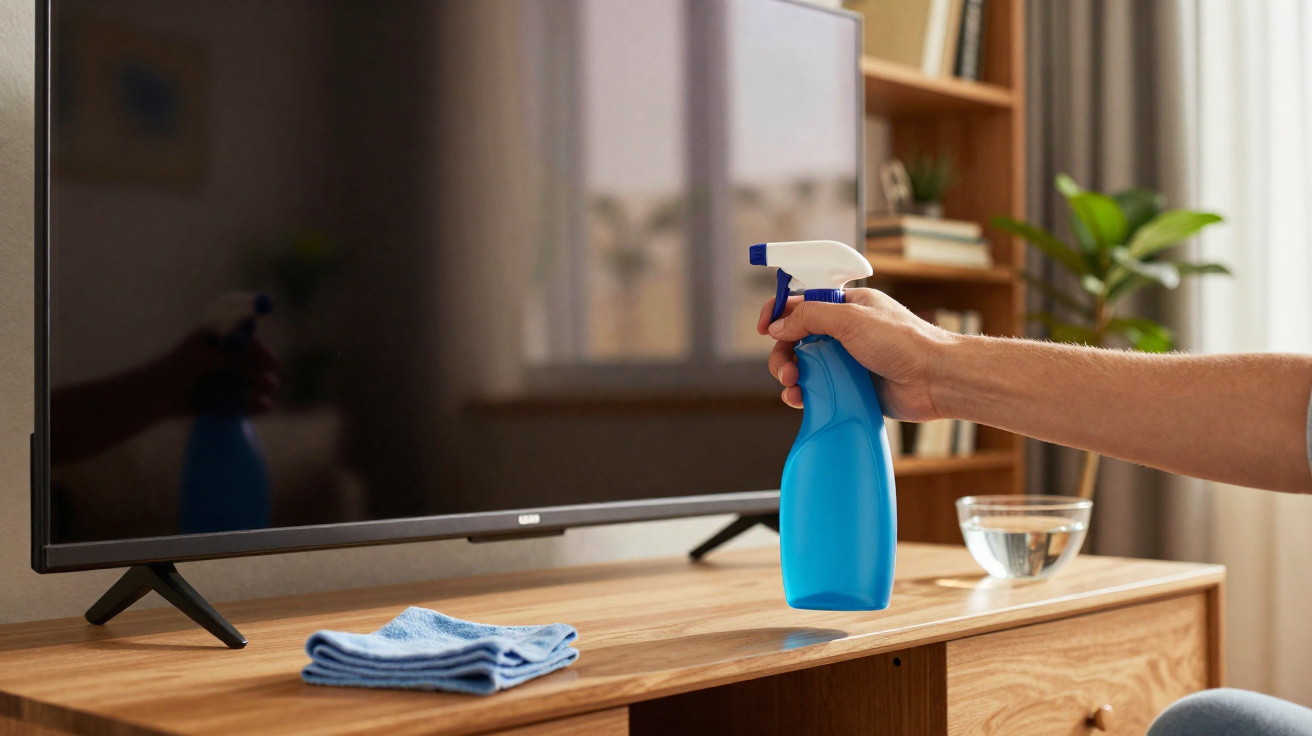Mão a segurar pulverizador azul para limpar móvel de madeira junto a TV e pano azul.