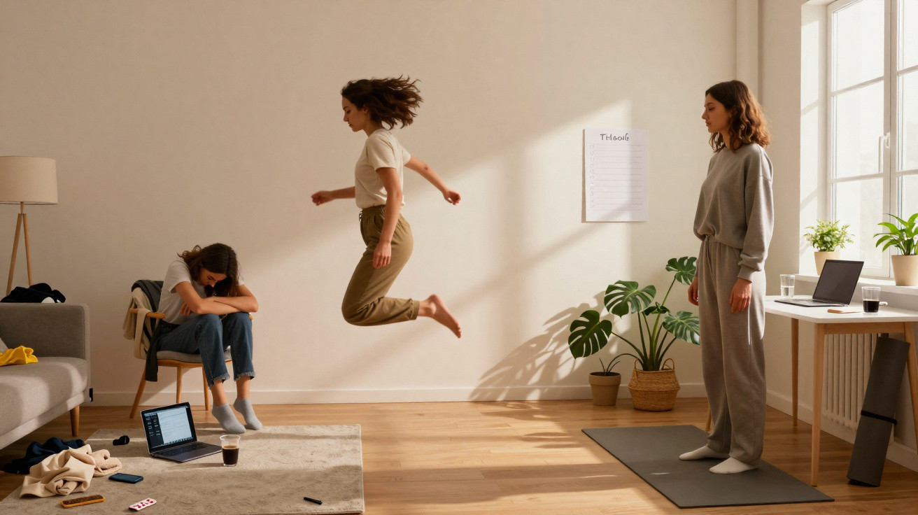 Três mulheres em sala: uma salta, outra senta cabisbaixa e outra observa em pé num tapete de yoga.