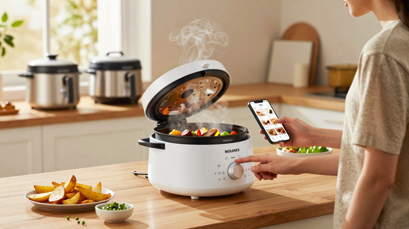 Pessoa a usar robot de cozinha branco Moulinex enquanto consulta receitas num telemóvel numa cozinha luminosa.