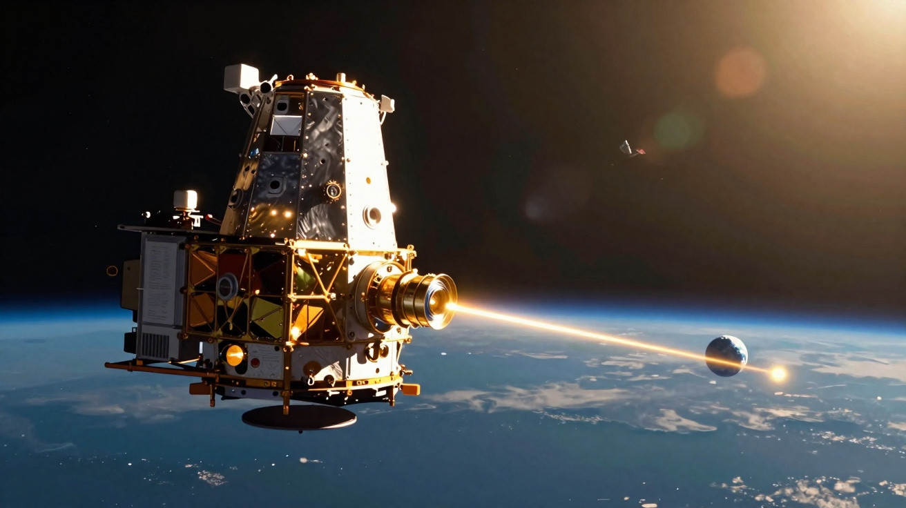 Satélite a emitir feixe de luz em direção à Terra, com planeta visível ao fundo e espaço escuro.