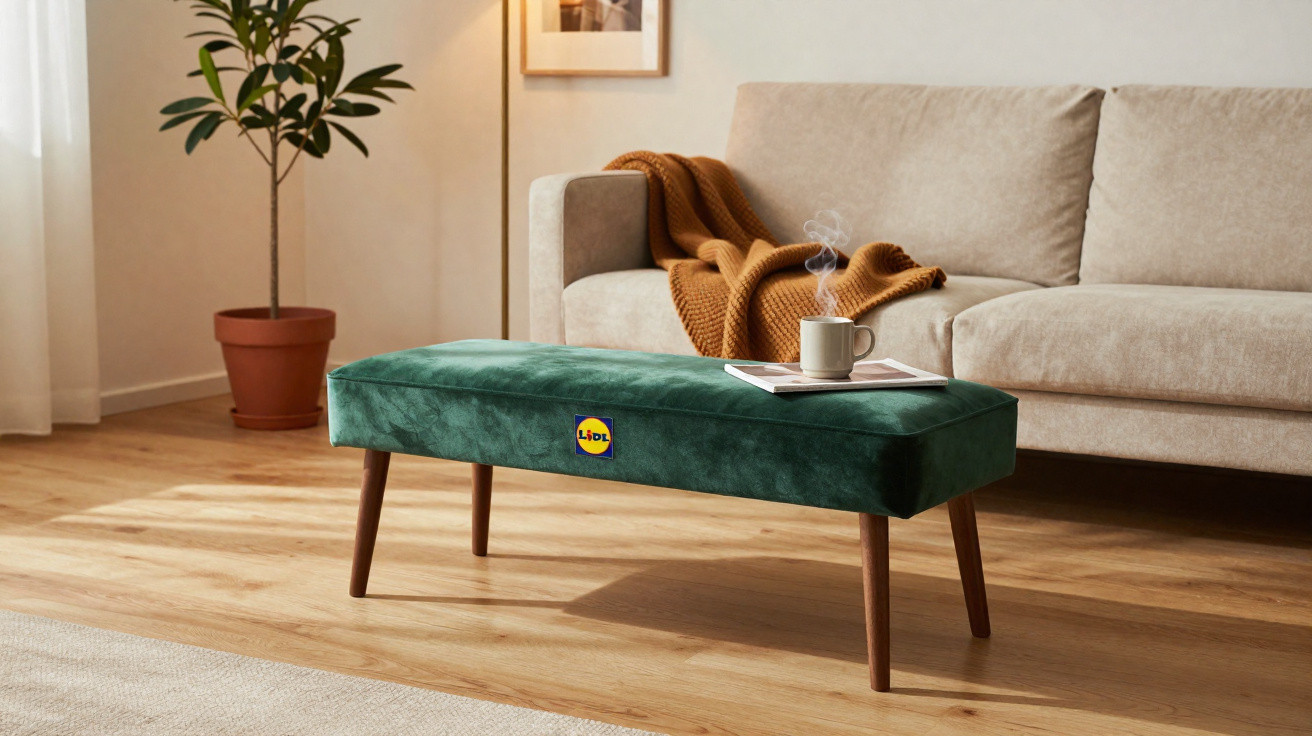 Sala de estar com sofá bege, manta castanha, mesa de madeira verde e planta num vaso terracota.