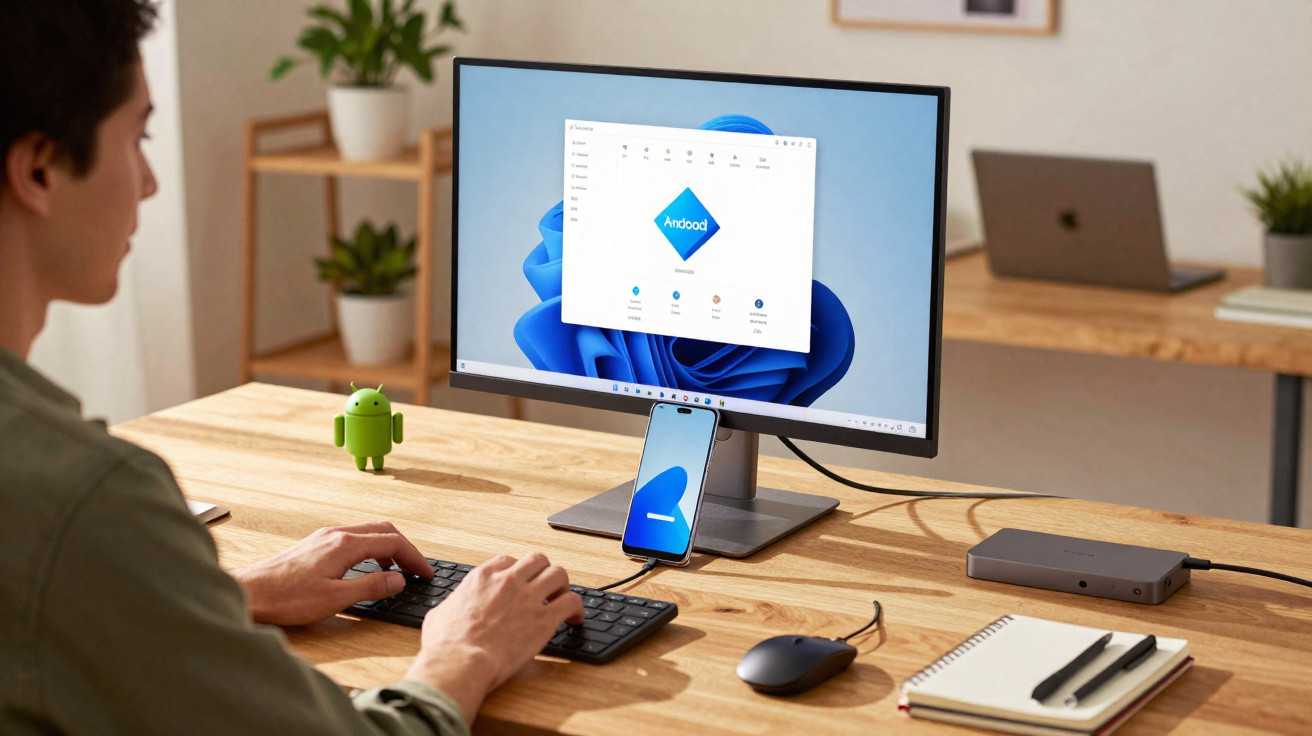 Pessoa a usar computador com ecrã a mostrar software Android, smartphone e acessórios numa secretária de madeira.