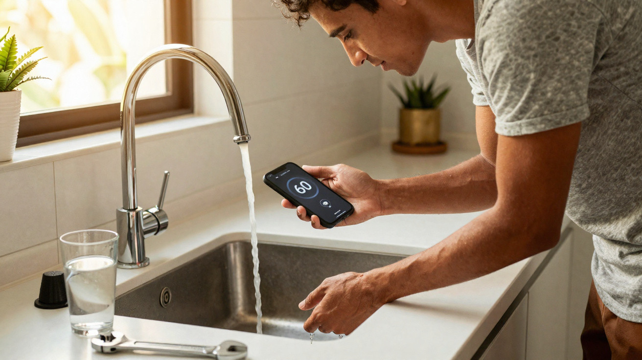Homem a controlar a temperatura da água da torneira com smartphone numa cozinha moderna.