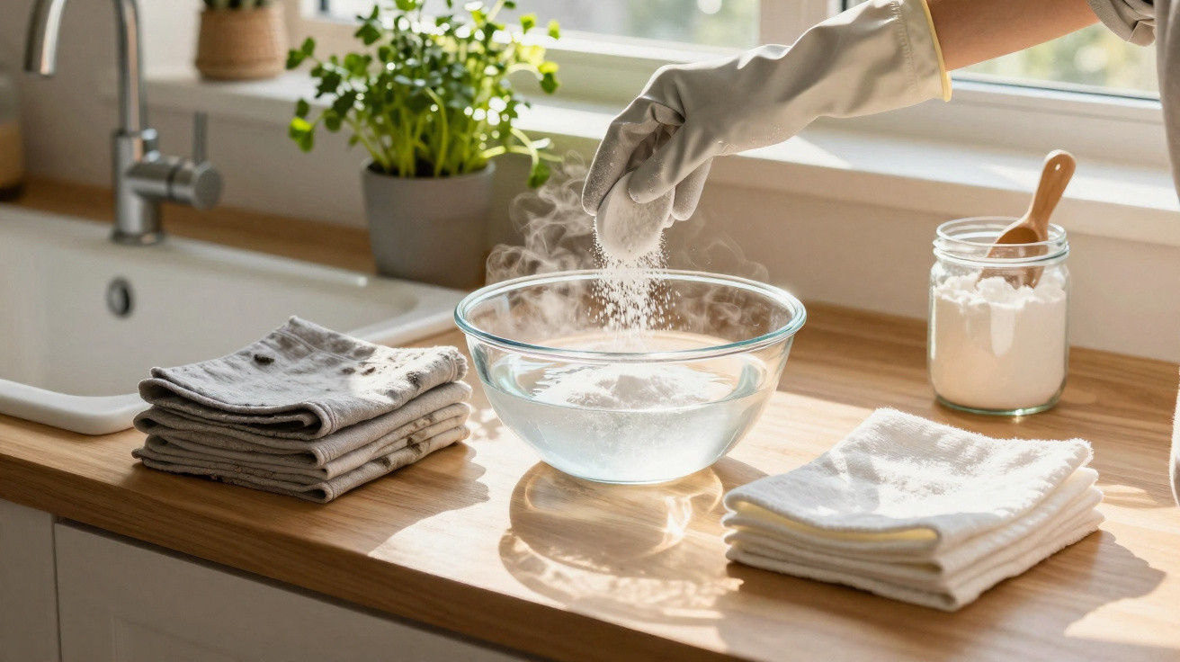 Mão com luva a despejar pó branco numa tigela de vidro numa cozinha com panos e frasco de pó.