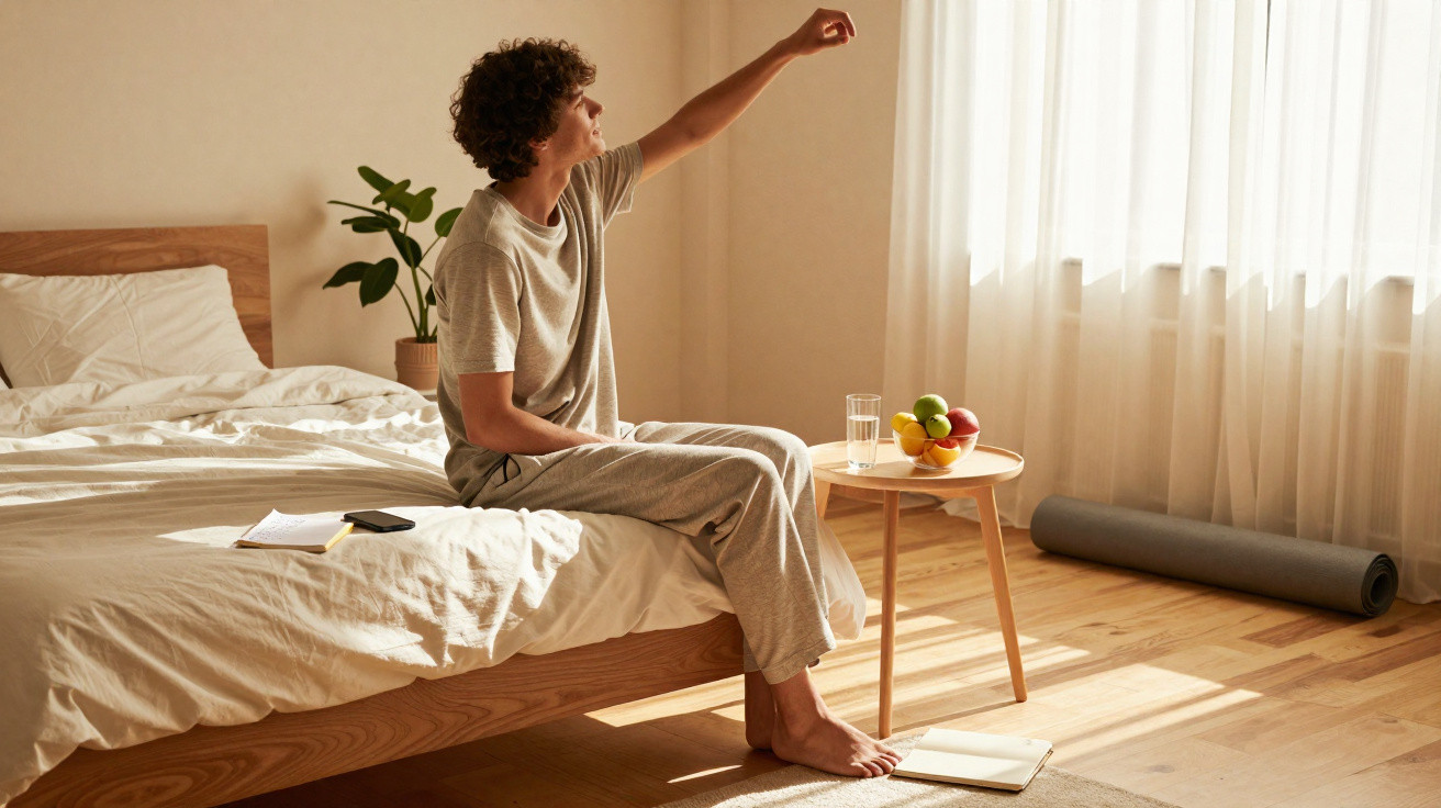 Pessoa sentada na cama estende o braço para a janela iluminada por luz natural suave.
