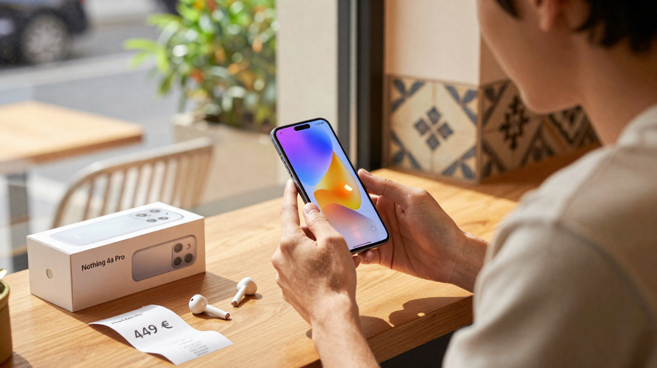 Pessoa a segurar um smartphone Nothing 4a Pro junto a uma caixa, auriculares e um recibo numa mesa de madeira.