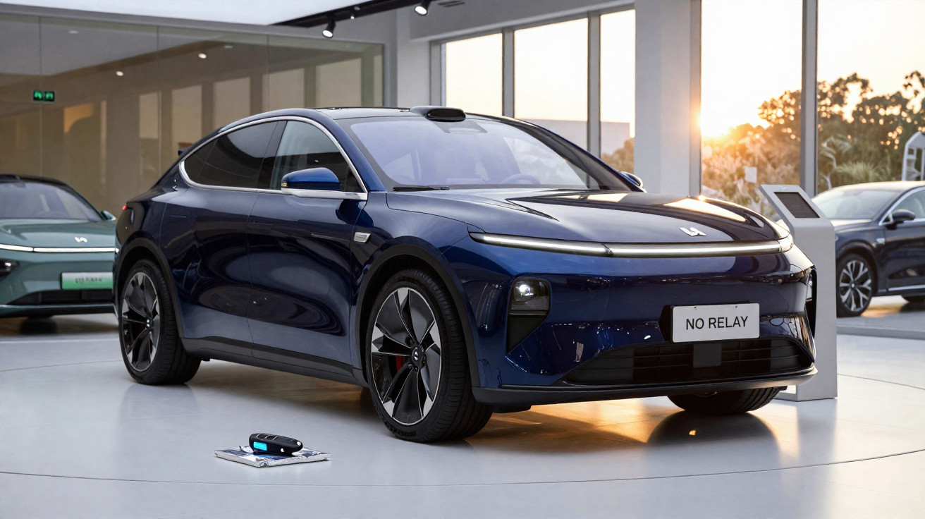 Carro elétrico azul escuro numa exposição automóvel moderna com luz natural a entrar pelas janelas grandes.