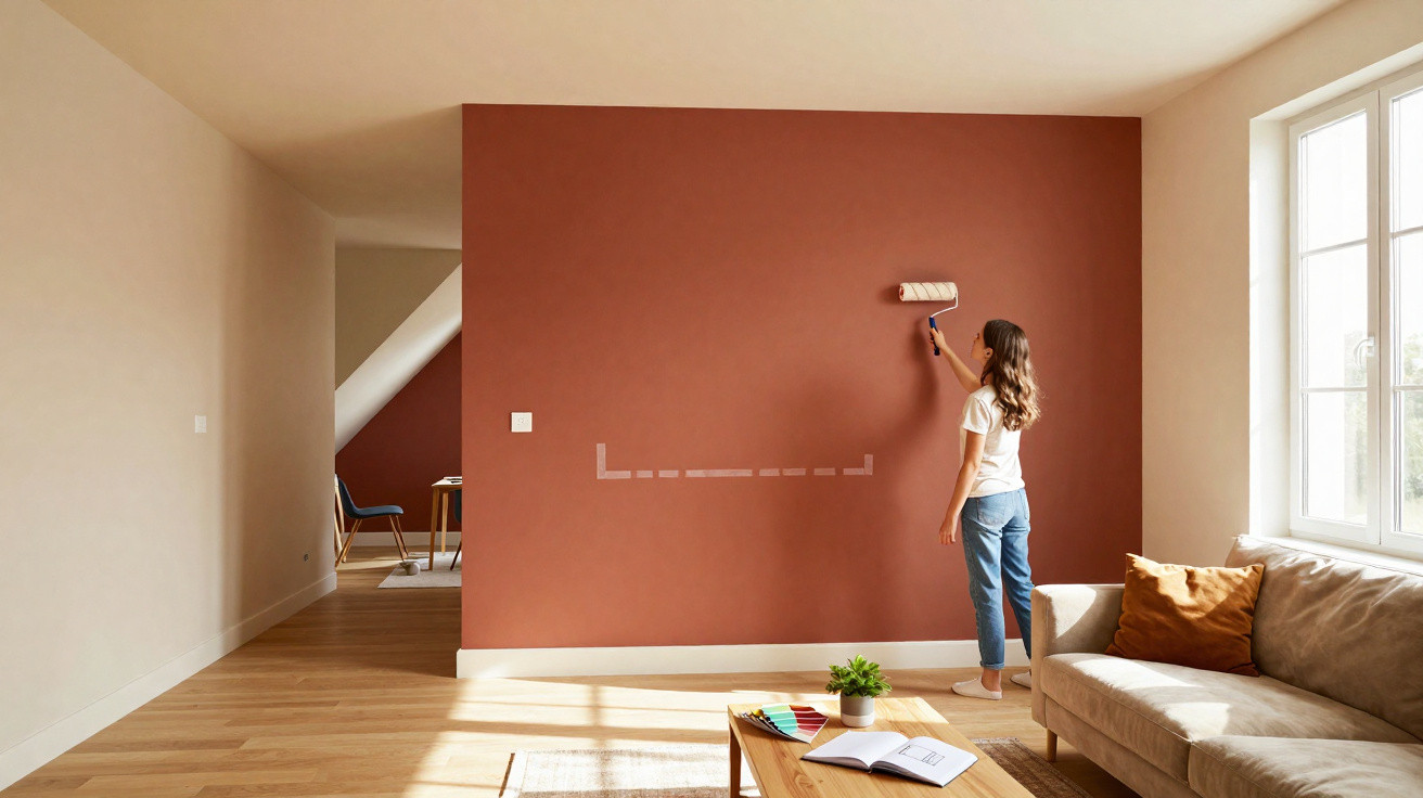 Mulher a pintar parede de tom terracota numa sala luminosa com sofá cinzento e mesa de madeira.