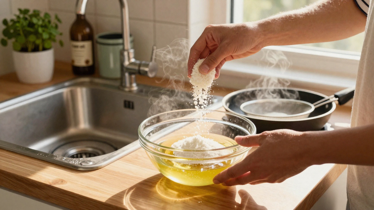 Mãos a deitar açúcar em tigela com líquido amarelo fumegante numa cozinha iluminada.