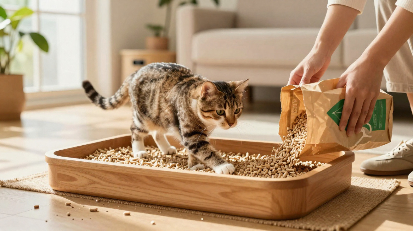 Gato a explorar areia ecológica numa caixa de madeira enquanto uma pessoa deita nova areia para gato.