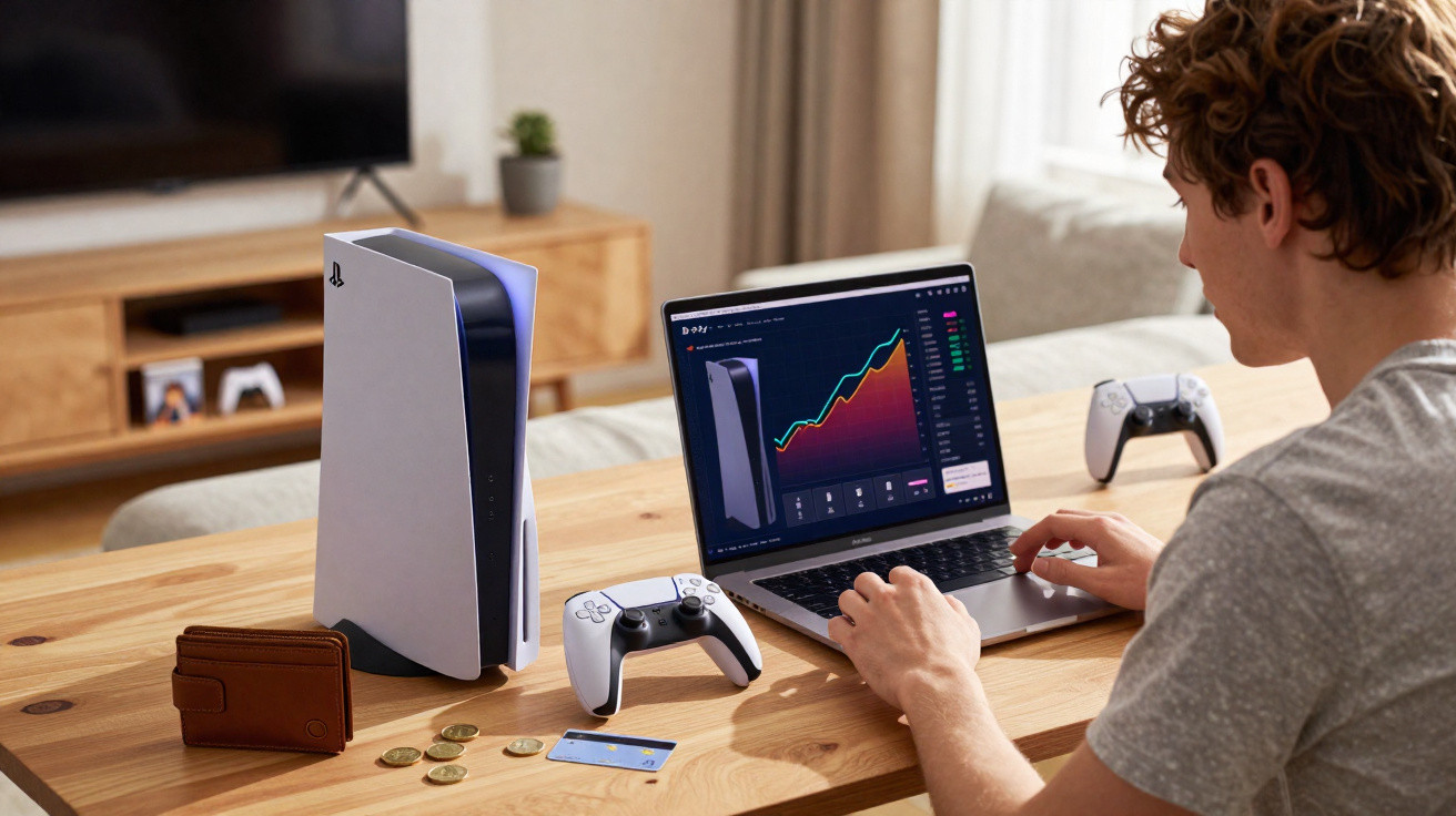Jovem sentado numa mesa com PlayStation 5, comandos, computador portátil e carteiras a analisar gráficos financeiros.